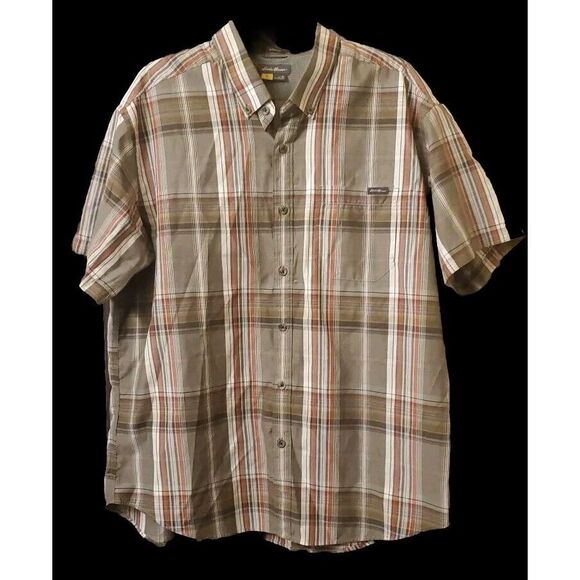 Eddie Bauer Brown Plaid Short Sleeve‎ Button Down Shirt Mens XL - Picture 1 of 6